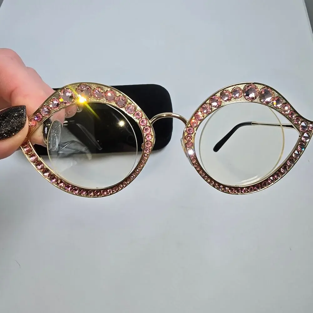 Gucci Crystal Lips Pink Rhinestone Cat Eye Sunglasses Round Lenses GS0046S